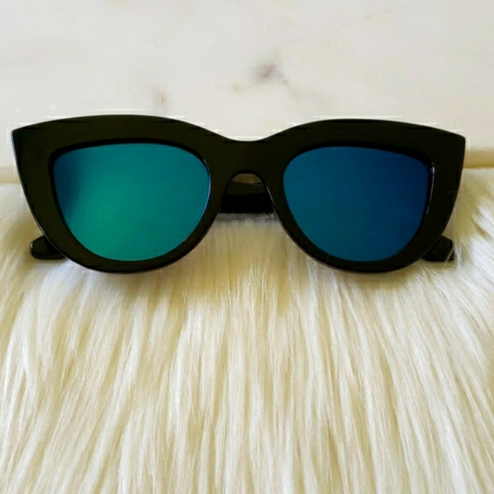 Black Cat Eye Sunglasses Blue Mirrored Lenses - Picture 8 of 8